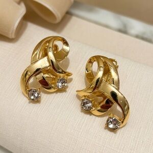 Vintage Stamped CHAREL Gold Tone Rhinestone Clip on Earrings Cocktail Fashion